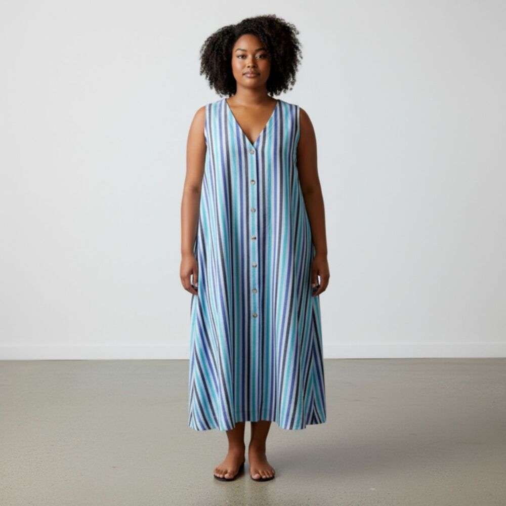 NWT Liz Claiborne Striped Blue White Linen Cotton Sleeveless Dress - Picture 9 of 9